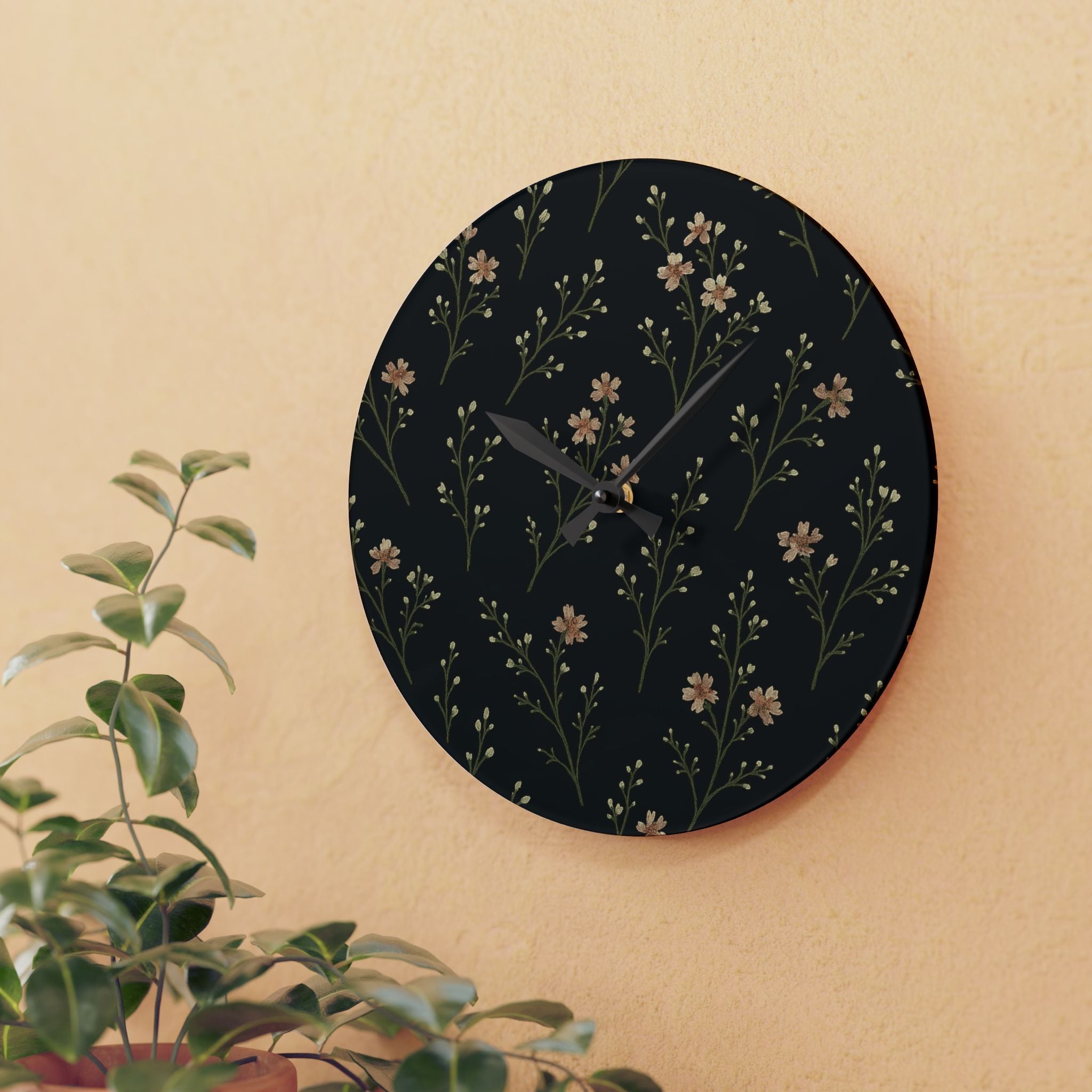 Floral Sprig Acrylic Wall Clock — Minimal Botanical Home Decor