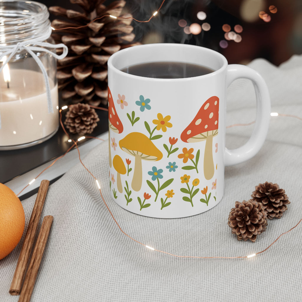 Mushroom Floral Ceramic Mug — Cute Garden Coffee Cup (11oz)