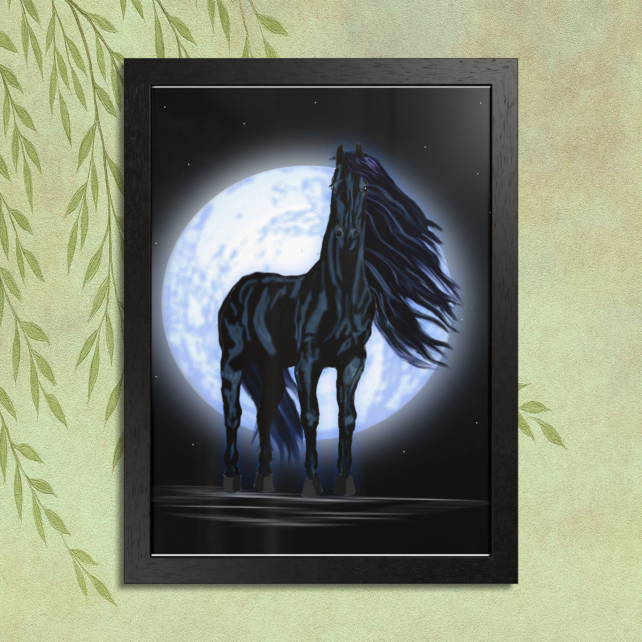 Moonlit Black Horse Framed Poster — Mystical Night Stallion Wall Art