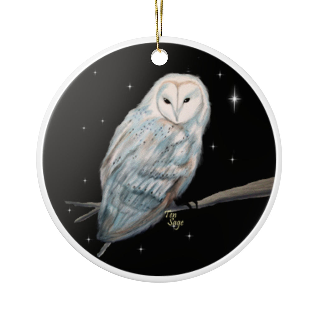 Barn Owl Ceramic Ornament — Two-Sided Night Sky Holiday Decoration