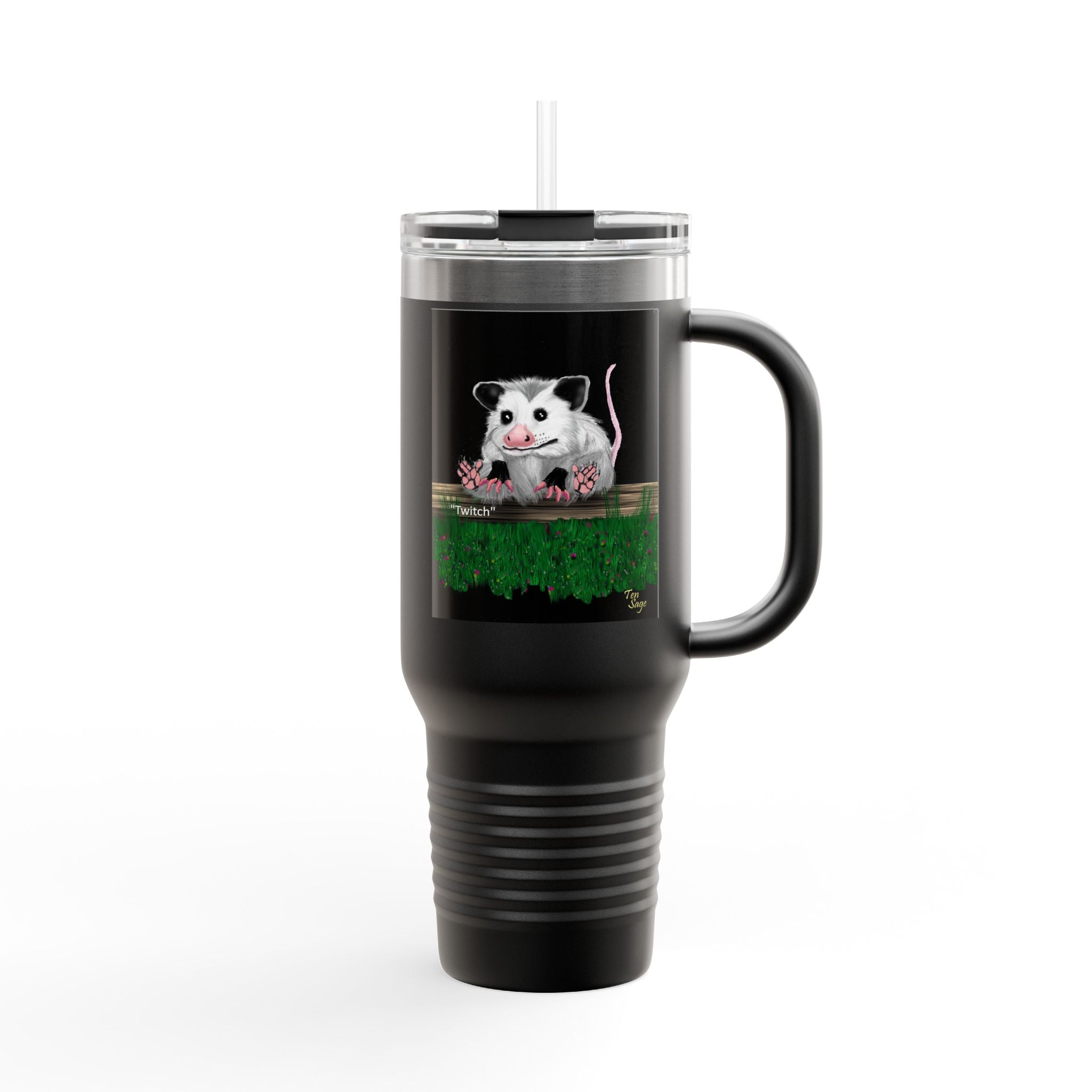 40oz Insulated Travel Mug — Cute Opossum on Moss Design