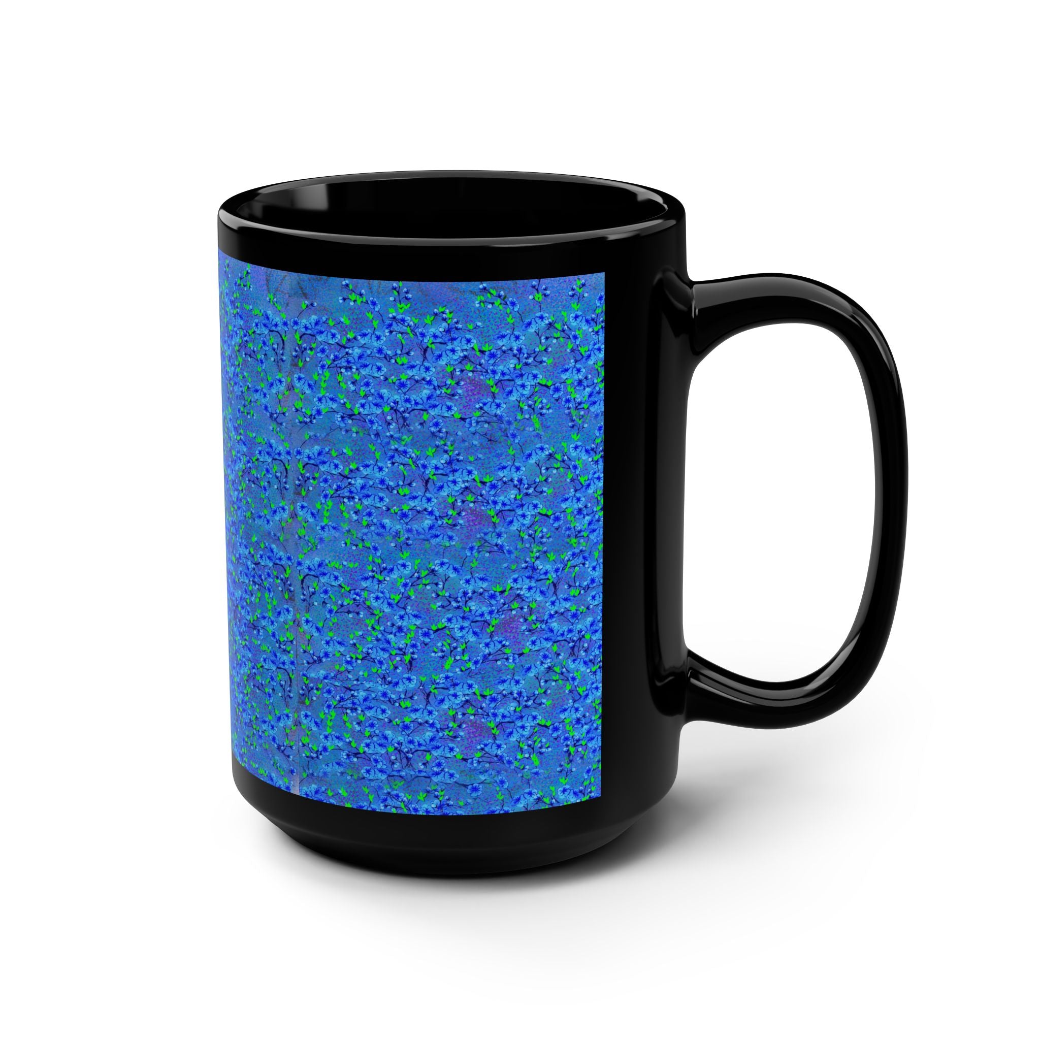 Blue Floral Over Black 15oz Mug — Textured Art Coffee Cup