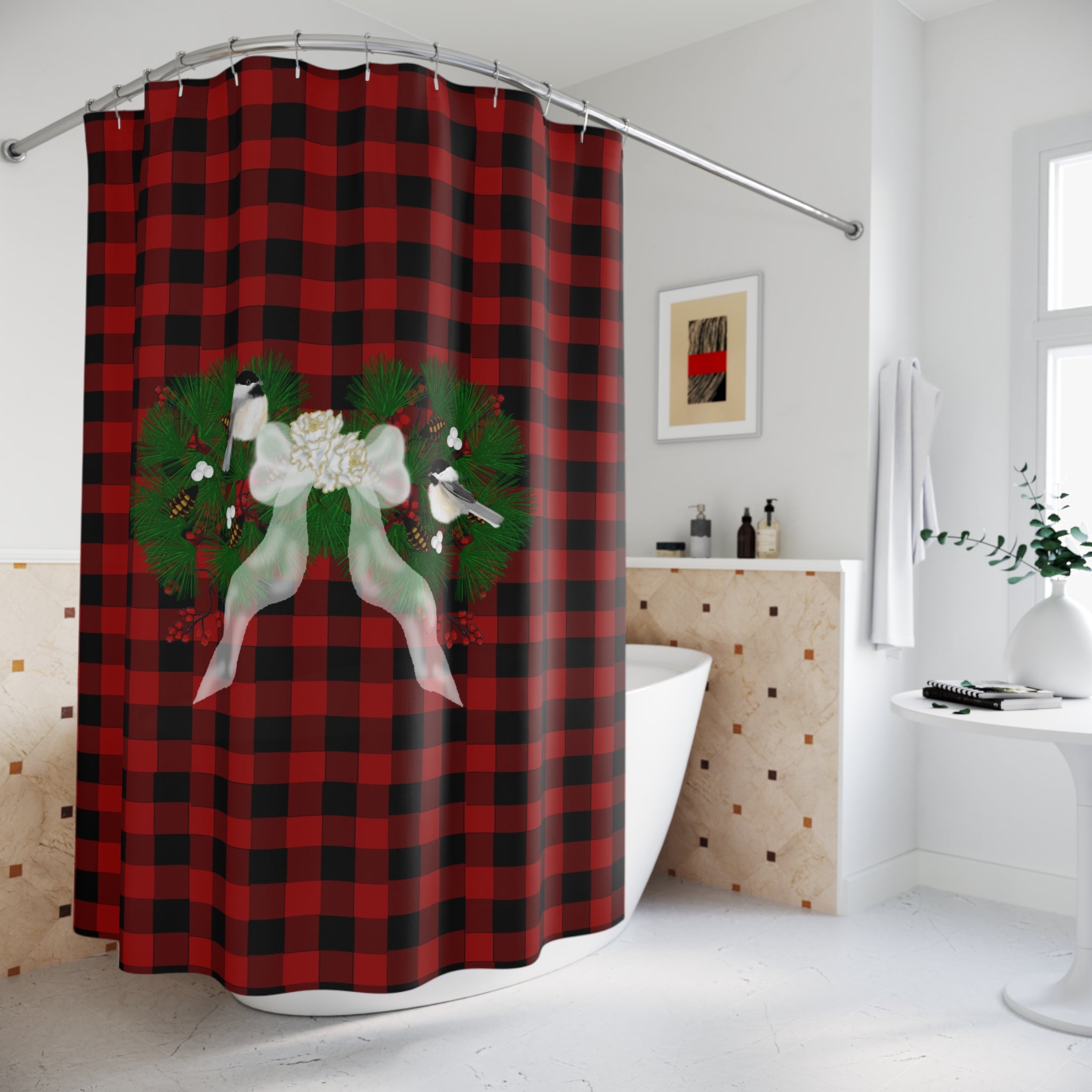 Holiday Buffalo Plaid Shower Curtain with Wreath & Chickadee Accent
