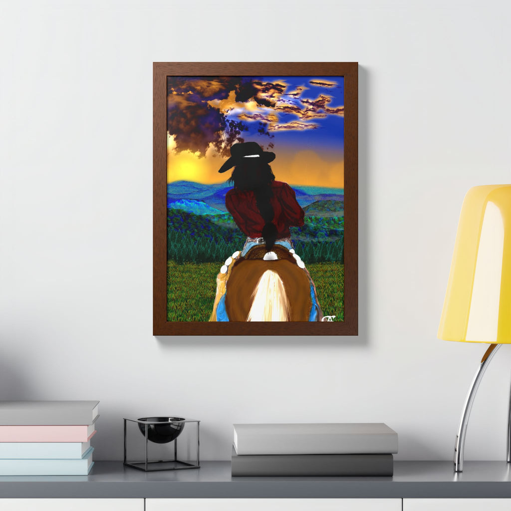 Cowgirl Riding At Sunset Framed Poster – Rider on Horseback Wall Art