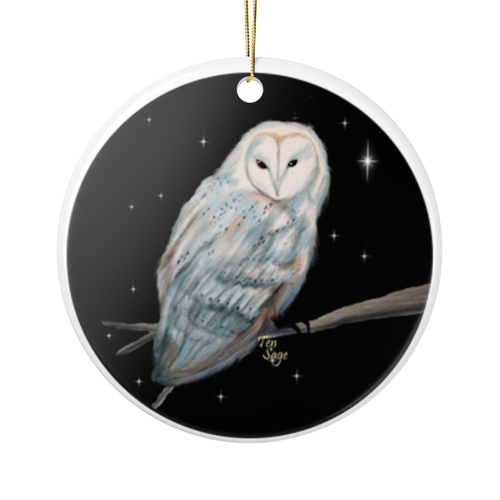 Barn Owl Ceramic Ornament — Two-Sided Night Sky Holiday Decoration